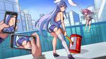  :&lt; animal_ears ass bare_shoulders barefoot bikini_top blue_leotard bunny_ears camera cellphone city day detached_collar erina_(rabi-ribi) fairy fairy_wings from_behind game_cg high_heels knees_together_feet_apart leaning_forward leotard long_hair looking_back minigirl miniskirt multiple_girls official_art open_mouth outdoors phone pink_eyes pink_hair pointy_ears purple_eyes purple_hair rabi-ribi ribbon_(rabi-ribi) saiste shoes shouting single_thighhigh skirt smartphone tail thighhighs twintails very_long_hair white_legwear wings wrist_cuffs 