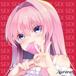  :3 aurora_(mvv) blue_eyes blush character_name condom condom_in_mouth long_hair looking_at_viewer mouth_hold mvv original penetration_gesture pink_hair solo v-shaped_eyebrows 