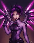  alternate_costume artist_name bodysuit breasts closed_mouth dark_persona demon_horns demon_wings emblem eyelashes facial_mark forehead_mark glowing glowing_wings highres horns imp_mercy jewelry lily_santos looking_at_viewer mechanical_wings medium_breasts mercy_(overwatch) overwatch polearm ponytail purple_eyes purple_hair purple_wings solo trident upper_body weapon wings 