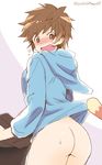  akari_seisuke ass blush bottomless brown_eyes brown_hair cowboy_shot fighter_(granblue_fantasy) flat_ass genderswap genderswap_(mtf) gran_(granblue_fantasy) granblue_fantasy hood hoodie looking_back pixie_cut shirt_lift short_hair surprised twitter_username vee_(granblue_fantasy) 