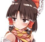  5240mosu_(style) bangs benikurage benjamin_button_suukina_jinsei blush bow brown_eyes brown_hair closed_mouth cookie_(touhou) detached_sleeves eyebrows_visible_through_hair face frilled_bow frills hair_bow hair_tubes hakurei_reimu looking_to_the_side parody portrait red_bow scarf sidelocks simple_background solo style_parody touhou white_background 