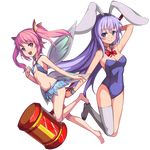  animal_ears armpits arms_up bare_shoulders barefoot bikini_top blue_leotard breasts bunny_ears bunnysuit cleavage detached_collar erina_(rabi-ribi) fairy fairy_wings full_body game_cg highres leotard long_hair mallet miniskirt multiple_girls navel official_art open_mouth pink_eyes pink_hair pointy_ears purple_eyes purple_hair rabi-ribi ribbon ribbon_(rabi-ribi) saiste shoes single_thighhigh skirt small_breasts smile thighhighs transparent_background twintails very_long_hair white_legwear wings wrist_cuffs 