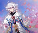  blue_sky capelet chocoan closed_mouth day fate/grand_order fate_(series) hooded_robe light_rays long_hair looking_at_viewer male_focus merlin_(fate) outdoors petals purple_eyes robe sky smile solo sunbeam sunlight 