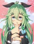  arm_holding black_ribbon blush eyebrows_visible_through_hair finger_in_mouth finger_sucking floral_print green_eyes green_hair hair_between_eyes hair_ornament hair_ribbon hairclip japanese_clothes kantai_collection kimono long_hair long_sleeves looking_at_viewer out_of_frame petals pov pov_hands ribbon shishi0748 solo_focus tree upper_body wide_sleeves yamakaze_(kantai_collection) 