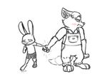  2017 blush canine child clothed clothing disney fluffy fluffy_tail fox gideon_grey hand_holding jonsthaman judy_hopps lagomorph mammal overalls rabbit simple_background size_difference white_background young zootopia 