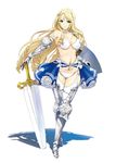  1girl arm_guards armor armored_boots artist_name bikini_armor bikini_warriors blonde_hair blue_eyes breasts cleavage detached_sleeves female full_body garter_straps large_breasts long_hair official_art onigirikun paladin paladin_(bikini_warriors) shield skirt solo sword thighhighs transparent_background weapon 