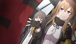  armband belt black_gloves black_jacket black_scarf bow brown_eyes brown_hair eyebrows eyebrows_visible_through_hair fingerless_gloves girls_frontline gloves grey_hair hair_between_eyes hair_bow hood hooded_jacket indoors jacket looking_at_another multiple_girls nose open_clothes open_hands open_jacket pink_eyes ribbon scar scar_across_eye scarf shirt twintails ump45_(girls_frontline) ump9_(girls_frontline) upper_body walkie-talkie white_shirt xiujia_yihuizi yellow_scarf 