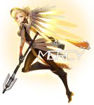  black_footwear black_gloves blonde_hair blue_eyes bodysuit boots breasts brown_legwear character_name eyeliner faulds finger_on_trigger from_side full_body gloves glowing glowing_wings greaves gun handgun headgear high_heel_boots high_heels high_ponytail highres holding holding_gun holding_staff holding_weapon knee_boots knee_pads leg_up loincloth long_sleeves looking_at_viewer makeup mechanical_halo mechanical_wings medium_breasts mercy_(overwatch) natsuhara overwatch pantyhose parted_lips pelvic_curtain ponytail print_legwear solo spread_wings staff swiss_flag teeth weapon wing_print wings yellow_wings 