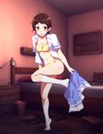  bed bedroom blue_skirt bra brown_eyes brown_hair desk_lamp drawer full_body hibike!_euphonium highres indoors katou_hazuki lamp looking_at_viewer panties pleated_skirt sbel02 school_uniform serafuku short_hair skirt skirt_removed solo standing standing_on_one_leg surprised tiptoes trash_can underwear undressing white_legwear yellow_bra yellow_panties 