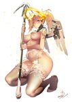  2017 absurdres artist_name blonde_hair blue_eyes blush bra closed_mouth dated eyelashes fingernails frilled_legwear frills full_body garter_belt headgear henry_davis high_heels highres holding holding_staff holding_weapon kneeling lace lace-trimmed_bra lace-trimmed_thighhighs light_particles loincloth long_hair mechanical_halo mechanical_wings mercy_(overwatch) navel overwatch pauldrons pelvic_curtain ponytail signature simple_background smile solo staff thighhighs underwear weapon white_background white_legwear wing_print wings 