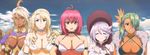  5girls bikini_warriors blonde_hair breasts cleavage dark_elf_(bikini_warriors) fighter_(bikini_warriors) highres hunter_(bikini_warriors) large_breasts long_hair looking_at_viewer mage_(bikini_warriors) multiple_girls open_mouth paladin_(bikini_warriors) red_hair sky smile standing stitched 