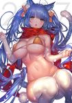  2017 :o ahoge animal_ears bangs bare_shoulders bikini blue_hair blunt_bangs blush breasts cat_ears cat_tail cleavage covered_nipples detached_sleeves eyelashes fangs fingernails halter_top halterneck large_breasts lens_flare long_hair looking_at_viewer messy_hair nail_polish navel open_mouth original palms pink_nails pom_pom_(clothes) red_scarf scarf senchat shade shiny shiny_clothes shiny_hair skindentation sleeves_past_wrists solo stomach strap_gap string_bikini swimsuit tail thighhighs toned twitter_username very_long_hair white_background white_legwear yellow_bikini yellow_eyes 