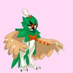  achromatic amber_eyes ambiguous_gender anthro avian decidueye leaf nintendo pink_background pok&eacute;mon simple_background solo talons video_games wings 