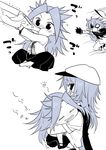  =_= alcohol black_gloves blush bottle cape carrying closed_eyes cup dress_shirt drinking_glass drunk eyepatch full-face_blush gloves greyscale hakama hat indian_style japanese_clothes jun'you_(kantai_collection) kaga3chi kantai_collection kiso_(kantai_collection) long_hair monochrome motion_lines multiple_girls neckerchief o_o remodel_(kantai_collection) saliva school_uniform serafuku shirt short_sleeves simple_background sitting spiked_hair sweatdrop white_background younger 