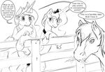  2017 black_and_white crown cutie_mark dialogue english_text equine feathered_wings feathers female fence feral friendship_is_magic fur group hair horn horse jewelry male mammal monochrome my_little_pony necklace princess_celestia_(mlp) princess_luna_(mlp) silfoe text winged_unicorn wings 