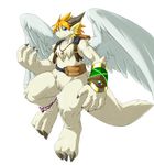  backpack blonde_hair blue_eyes claws dragon fur hair horn jewelry kuroma looking_at_viewer male necklace scalie simple_background slim smile white_fur wings 