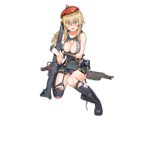  artist_request asymmetrical_legwear beret black_footwear blonde_hair blue_eyes blush boots braid breast_hold breasts cleavage cross-laced_footwear embarrassed fingerless_gloves full_body garter_straps girls_frontline gloves gun hat lace-up_boots large_breasts long_hair looking_at_viewer machine_gun mg3 mg3_(girls_frontline) official_art panties pleated_skirt shirt single_thighhigh skirt solo thighhighs torn_clothes torn_shirt torn_skirt transparent_background trigger_discipline underwear untied_boots weapon 
