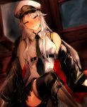  1girl azur_lane bare_shoulders black_coat black_neckwear blush boots closed_mouth coat collared_shirt commentary_request enterprise_(azur_lane) eyebrows_visible_through_hair hat highres indoors legs_crossed looking_at_viewer military military_hat miniskirt necktie off_shoulder open_clothes open_coat otsunabe_(naabe_delta) peaked_cap shirt silver_hair sitting skirt sleeveless sleeveless_shirt smile underbust white_hat window 