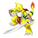  armor blade blue_eyes cape charmeleon claws clothing dragon holding_object holding_weapon jewelry kuroma melee_weapon necklace nintendo open_mouth pok&eacute;mon reptile scalie simple_background sword vest video_games weapon yellos_skin 