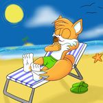  barefoot beach canine chair clothing copy_sonic dessert food footwear fox foxkai fur ice_cream licking mammal marine miles_prower relaxing sandals sea seaside shell shorts starfish summer tongue tongue_out water yellow_fur 