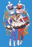  1boy 1girl :d band_uniform banned_artist baton blue_background blue_eyes blue_hair blue_legwear blush boots braid brother_and_sister closed_mouth dorothy_west dress euphonium eyebrows eyebrows_visible_through_hair full_body hat holding instrument kissai leona_west long_hair looking_at_viewer mole mole_under_eye open_mouth otoko_no_ko pantyhose pom_pom_(clothes) pretty_(series) pripara red_legwear shako_cap short_dress short_hair siblings side_braid simple_background smile standing symbol-shaped_pupils trumpet twins white_dress white_footwear 