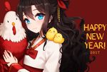  1girl 2017 ango bangs bird blue_eyes blush brown_hair chick chicken eyebrows_visible_through_hair hair_between_eyes hair_ornament happy_new_year hard_translated heart highres holding japanese_clothes kimono light_smile long_hair new_year on_shoulder original rooster solo translated upper_body wavy_hair white_kimono 