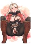  ahoge bangs blue_eyes blush boots braid breasts breasts_outside brown_footwear cape censored crotch_rub eponine_(fire_emblem_if) fingering fire_emblem fire_emblem_if hairband hand_on_own_chest highres knee_boots kuon_(kwonchanji) long_hair looking_at_viewer masturbation medium_breasts nipples pantyhose pussy pussy_juice self_fondle signature solo sweat swept_bangs torn_clothes torn_legwear twin_braids white_hair 
