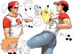  2boys ass black_hair blood blush hat male_focus multiple_boys muscle nosebleed ookido_green ookido_green_(sm) pecs pokemon pokemon_(game) pokemon_sm red_(pokemon) red_(pokemon)_(sm) sweat 