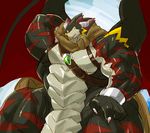  abs belt biceps black_skin confusion dragon grey_skin horn hyper hyper_muscles king_of_bahamutia_gardia_(kuroma) kuroma looking_at_viewer male muscular pecs quads red_skin reptile scalie solo spikes sweat triceps wide_hips wings 