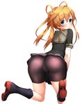  absurdres abukuma_(kantai_collection) ass bike_shorts blonde_hair blue_eyes boots boruhis cameltoe double_bun from_behind full_body hair_between_eyes hair_rings highres kantai_collection knee_boots kneeling leaning_forward long_hair looking_at_viewer miniskirt pleated_skirt remodel_(kantai_collection) school_uniform serafuku shorts shorts_under_skirt skirt solo thighs twintails 