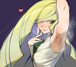  armpits arms_up bangs blonde_hair blunt_bangs blush breasts diamond diamond_(shape) drill_hair eyes_visible_through_hair gem green_eyes hair_over_one_eye heart heavy_breathing image_sample long_hair lusamine_(pokemon) mafuyu_hemp no_bra parted_lips pokemon pokemon_(game) pokemon_sm shirt sleeveless sleeveless_shirt small_breasts smell solo sweat twitter_sample upper_body v very_long_hair wavy_mouth 