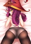  1girl animal_ears ass back bed_sheet black_legwear blush breasts cameltoe cowboy_shot from_above from_behind green_eyes hat healther league_of_legends long_hair looking_at_viewer looking_back lulu_(league_of_legends) no_pants on_bed panties panties_under_pantyhose pantyhose purple_hair red_hat sideboob solo top-down_bottom-up topless underwear underwear_only witch_hat yordle 