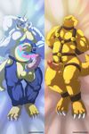  agumon balls blush chaps clothed clothing dakimakura_design digimon dinosaur erection frenum_ladder frenum_piercing gabumon genital_piercing humanoid_penis leather looking_at_viewer lying multiple_images musclegut nude on_back open_shirt penis penis_harness penis_piercing piercing retracted_foreskin scalie signature solo uncut ursofofinho 