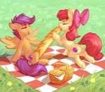  2017 apple_bloom_(mlp) baguette cutie_mark dock duo earth_pony equine eyes_closed feathered_wings feathers female feral friendship_is_magic grass hair hair_bow hair_ribbon hooves horse innuendo long_hair mammal my_little_pony open_mouth outside pegasus pony purple_hair red_hair ribbons scootaloo_(mlp) tomatocoup underhoof wings young 