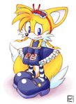  ambiguous_gender anthro blue_eyes blush canine clothed clothing crossdressing eamze embarrassed fox fur headband legwear mammal miles_prower orange_fur pigtails solo sonic_(series) stockings striped_legwear striped_stockings stripes white_fur 