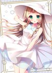  blonde_hair blush braid chestnut_mouth dress green_eyes hand_on_headwear hat lillie_(pokemon) long_hair looking_at_viewer open_mouth pokemon pokemon_(game) pokemon_sm sleeveless sleeveless_dress solo sun_hat suzukawa_yui twin_braids white_dress 