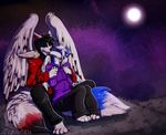  anthro canine clothed clothing duo feathered_wings feathers female fur hair kissing lizheru male male/female mammal night_sky outside wings 
