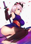  armpits ass bare_shoulders barefoot between_legs black_legwear blue_eyes breasts commentary_request dual_wielding elbow_gloves fate/grand_order fate_(series) fingerless_gloves folded_ponytail gloves holding japanese_clothes katana kimono large_breasts legs looking_at_viewer lying miyamoto_musashi_(fate/grand_order) no_panties obi on_side one_eye_closed ponytail saisarisu sash short_kimono smile solo sword thighhighs thighs toeless_legwear weapon 