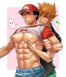  2boys abs black_hair blush groping hat male_focus multiple_boys muscle nipples ookido_green ookido_green_(sm) pecs pokemon pokemon_(game) pokemon_sm red_(pokemon) red_(pokemon)_(sm) shirt_lift smile teeth undressing yaoi 