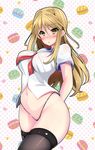  arms_behind_back bangs black_legwear black_panties blonde_hair blush breasts chestnut_mouth commentary cowboy_shot eyebrows_visible_through_hair food food_print g-string hair_between_eyes heart heart_background highleg highleg_panties highres hikaru_ga_chikyuu_ni_itakoro hips large_breasts long_hair macaron navel neckerchief panties parted_lips polka_dot polka_dot_background red_neckwear school_uniform see-through senra_banshou serafuku shikibu_honoka shiny shiny_hair shiny_skin short_sleeves solo star starry_background thighhighs thighs thong underwear yellow_eyes 