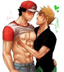  2boys abs black_hair blush groping hat male_focus multiple_boys muscle nipples ookido_green ookido_green_(sm) pecs pokemon pokemon_(game) pokemon_sm red_(pokemon) red_(pokemon)_(sm) shirt_lift smile teeth undressing yaoi 