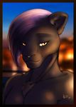  2017 adecristo anthro black_fur border feline female fur hair looking_at_viewer mammal nude panther portrait purple_hair solo 