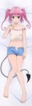 :o absurdres artist_request bangs bare_arms bare_legs bare_shoulders barefoot bed_sheet blue_shorts blush breasts collarbone dakimakura demon_tail denim denim_shorts eyebrows_visible_through_hair from_above full_body hair_between_eyes hand_up highres huge_filesize long_hair long_image looking_at_viewer lying nana_asta_deviluke navel off_shoulder on_back panties pink_hair purple_eyes shorts small_breasts solo tail tall_image tank_top thighs to_love-ru to_love-ru_darkness twintails unbuttoned underwear v-shaped_eyebrows white_background white_panties 