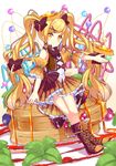  bad_id bad_pixiv_id blonde_hair boots bow cross-laced_footwear food food_themed_hair_ornament full_body hair_bow hair_ornament knee_boots lace-up_boots long_hair looking_at_viewer morinaga_(brand) nyori orange_skirt original pancake personification purple_bow purple_footwear skirt smile solo stack_of_pancakes striped striped_bow twintails yellow_eyes 
