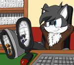  blue_eyes canine desk foot_focus fox foxkai fur grey_fur hands_behind_head macro mammal micro white_fur 