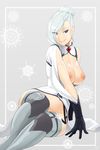  1girl areolae arm_support blue_eyes breasts breasts_outside gloves grin hair_bun jacket jewelry large_breasts leggings navel nipples one_eye_covered rwby sinccubi sitting smile solo white_hair winter_schnee 