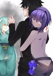  2girls ? angry aqua_hair ass aura backless_outfit bare_back bare_shoulders black_hair butt_crack dark_skin fate/grand_order fate/prototype fate/prototype:_fragments_of_blue_and_silver fate_(series) flower fujimaru_ritsuka_(male) hands_up hassan_of_serenity_(fate) highres horns hug hug_from_behind japanese_clothes kimono kiyohime_(fate/grand_order) long_hair looking_at_viewer multiple_girls nervous purple_eyes purple_hair scared shaded_face short_hair skin_tight smile spoken_question_mark sweatdrop tanuki_(siutkm0228) 