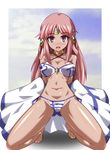  1girl ariel_org bandai_namco bikini breasts cape collarbone dark_skin erect_nipples feet hair_ornament hips jewelry kneeling legs long_hair navel open_mouth pink_hair purple_eyes purple_hair real_robot_regiment solo super_robot_wars super_robot_wars_original_generation swimsuit thighs 