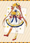  :d apron blue_bow bow braid brown_eyes brown_hair butter dress food food_themed_hair_ornament full_body gradient_hair hair_ornament kneehighs kotokoto_(vibgyor) long_hair looking_at_viewer morinaga_(brand) multicolored_hair open_mouth original pancake personification plate red_footwear shoes smile solo stack_of_pancakes standing striped striped_bow twin_braids twintails yellow_dress yellow_legwear 