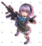  acog ammunition_pouch asato_miyo assault_rifle dreadtie full_body gloves gun headset highres holding holding_gun holding_weapon knee_pads little_armory load_bearing_equipment m4_carbine magazine_(weapon) pouch purple_eyes purple_hair rifle short_hair solo vertical_foregrip weapon 